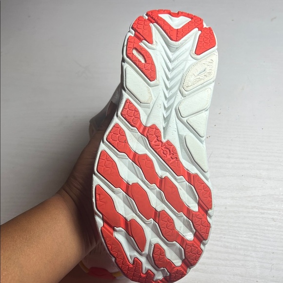 Hoka White and Red Running Shoes with Yellow Sole - Picture 3 of 6